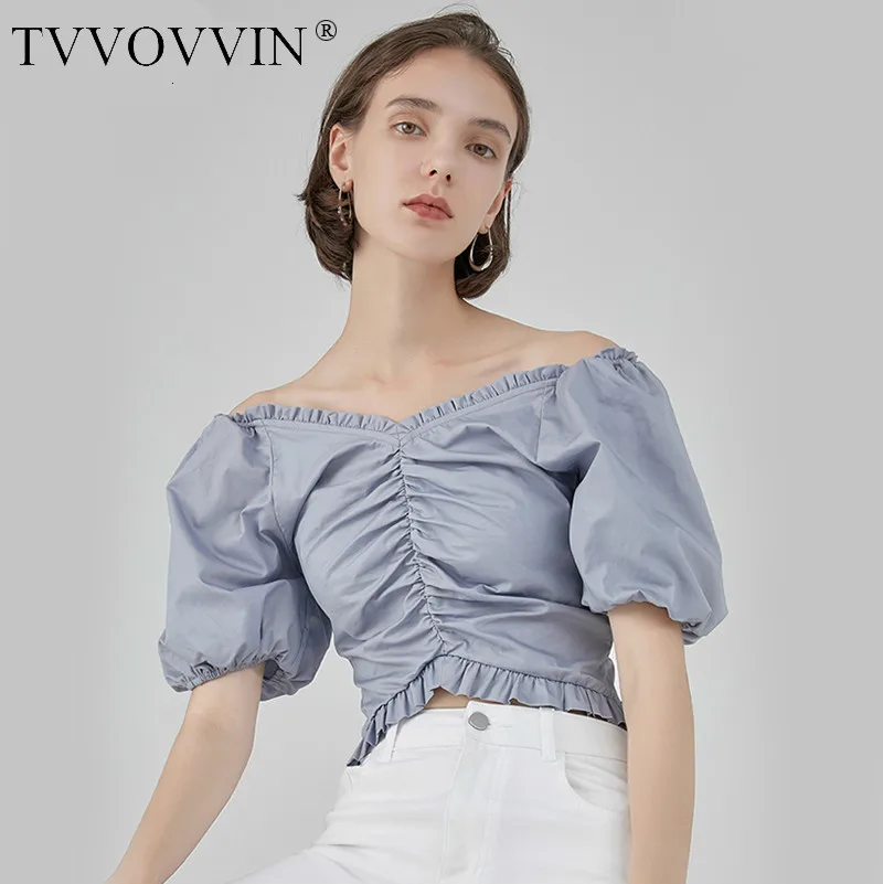Tvvovwin Новинка весна лето v-образный вырез с коротким рукавом синие оборки плиссированные свободные темпераментные футболки Женская мода Tide V380