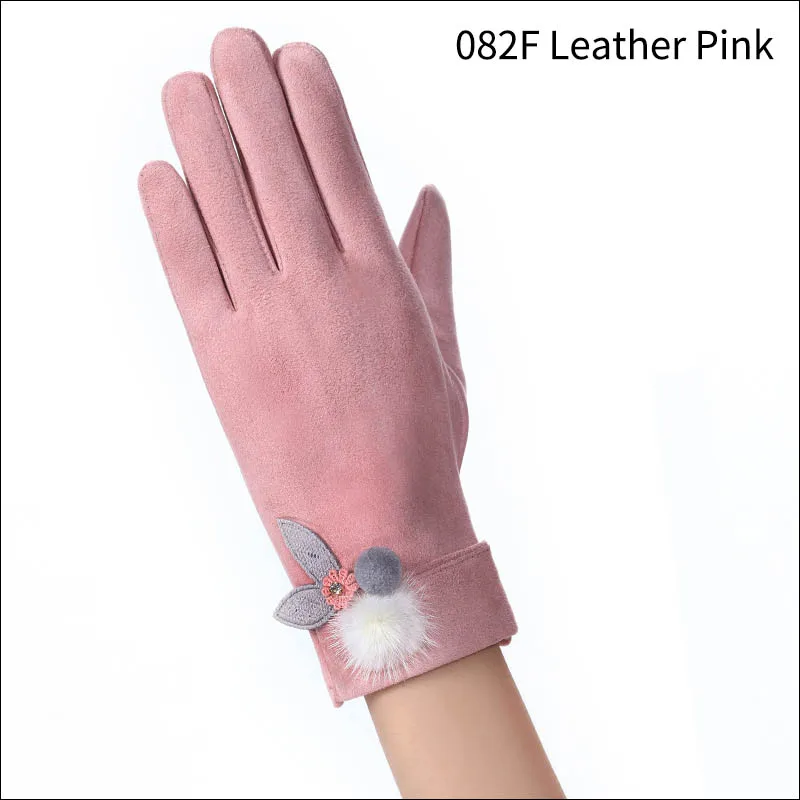 082F Leather Pink Зимние ветрозащитные двухслойные меховые женские перчатки с мультяшной вышивкой замшевые варежки с сенсорным экраном двойные толстые плюшевые перчатки для вождения - Цвет: 082F Leather Pink