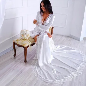 

White Long Sleeve Sexy Lace Simple A-Line Kimono Dress Lace Satin Night-Robe вечернее платье Plus size Middle East Saudi Arabia