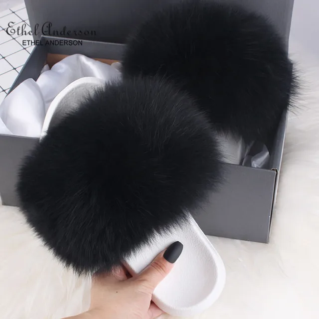 2021 Hot Sale Women Real Fox Fur Slippers Multi-color Summer Fashion Slides Casual Female Furry Shoes As picture