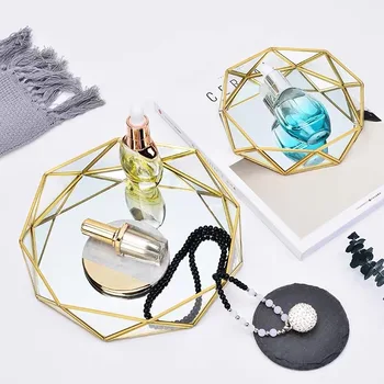 

Ins Nordic Style Glass Copper Geometric Tray Round Glass Plate Cosmetic Jewelry Storage Tray Home Organizer Decoration Supplies