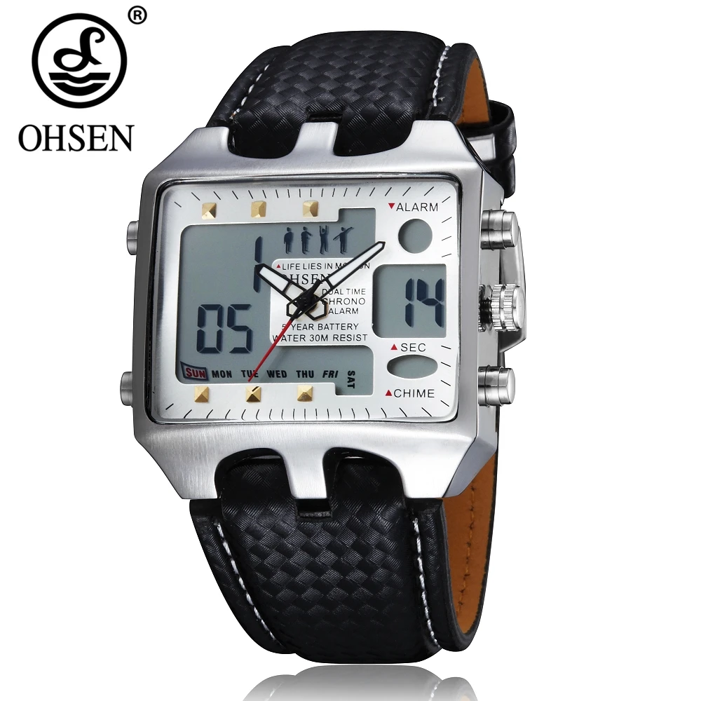 OHSEN Dual time Мужские кварцевые часы с кожаным ремешком модные белые военные мужские