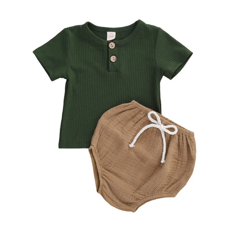 

Baby Boy Clothes Toddler Baby Outfit 2PCS Sets Button Short Sleeve T-Shirt Ribbed O Neck Top + Drawstring Shorts Solid Color Set