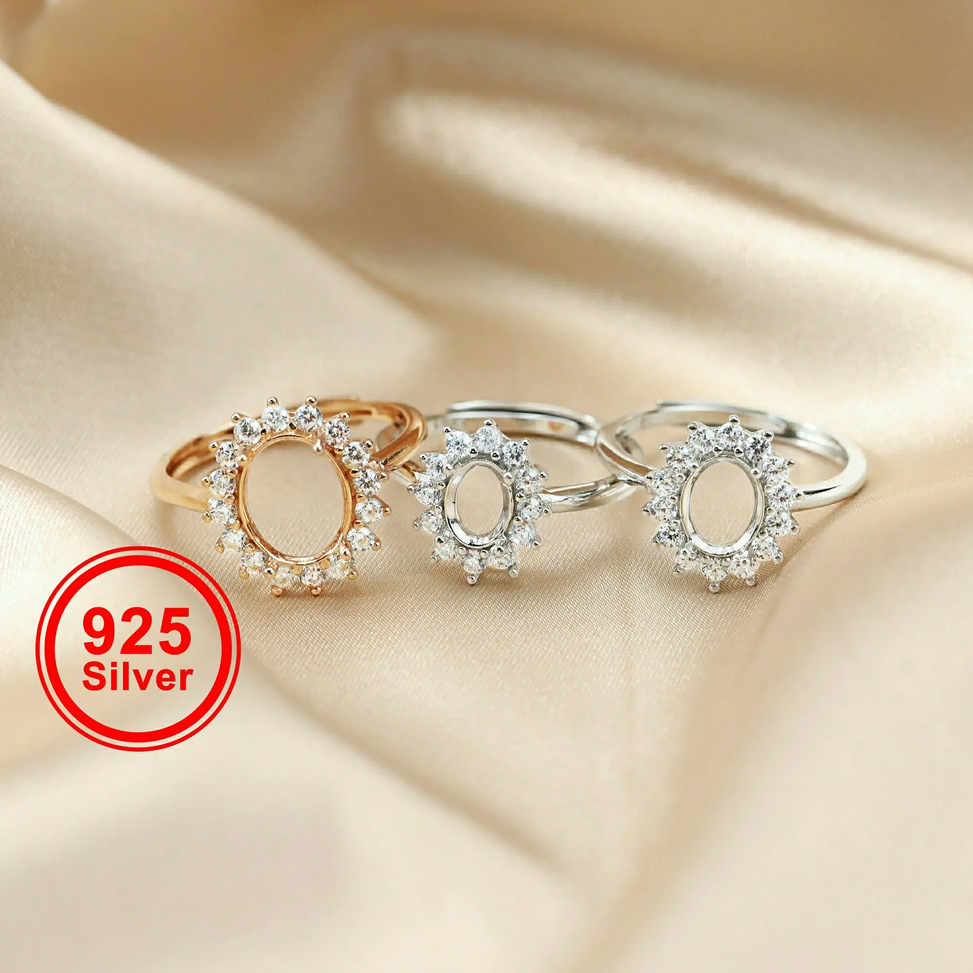 rose gold silver oval Gems CZ stone prong setting solid 925 sterling bezel tray DIY adjustable ring 1224004 | Украшения и
