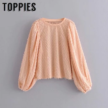 

Artificial Feather and Fur Shirts Lantern Sleeve Tassel Tops Round Neck Women Pink Shirts 2020 Korean Women Clothing