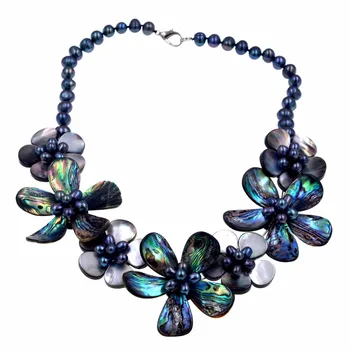 

2017 New Arrival Fashion Design Black Sea Shell Black Pearls Chokers Abalone Shell Flower Necklace For Womens