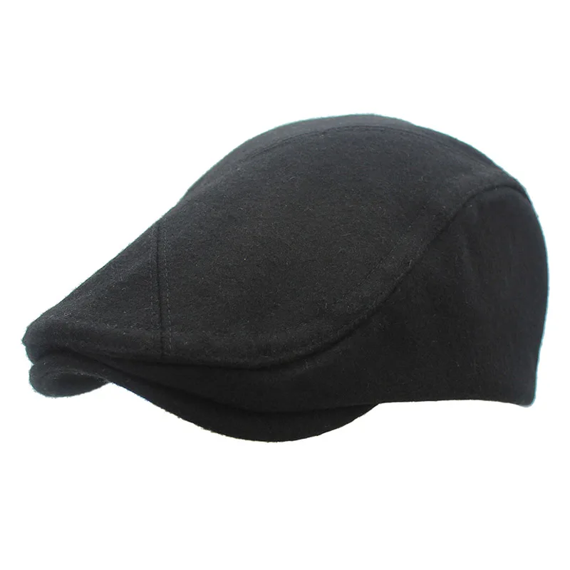 Зимний шерстяной берет для мужчин, классический дизайн, мужская плоская шапка, теплая одноцветная шапка - Цвет: black