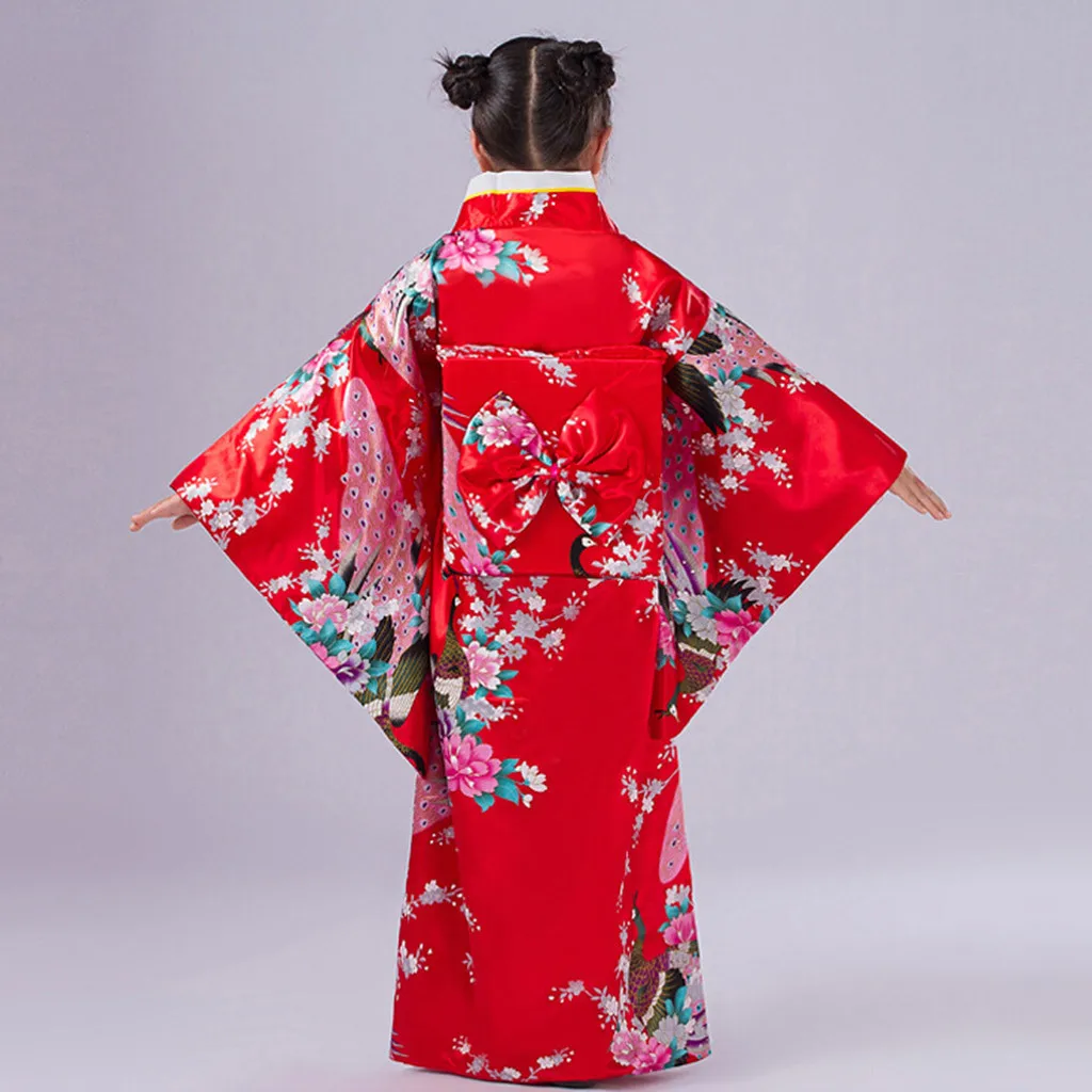 Home&Nest Loose Style Japanese Satin Peacock Print Dress Toddler Kids Baby Girls Outfits Clothes Kimono Robe Traditional Costume