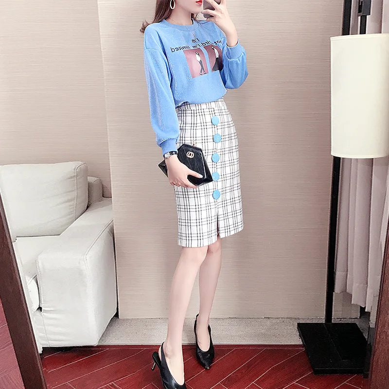 

2020 Spring WOMEN'S Suit-Style Graceful Liangsi Hoodie Plaid Skirt Two-Piece 9496