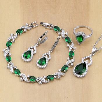 

925 Sterling Silver Jewelry Green CZ White Crystal Jewelry Sets For Women Earrings/Pendant/Necklace/ Open Rings/Bracelet
