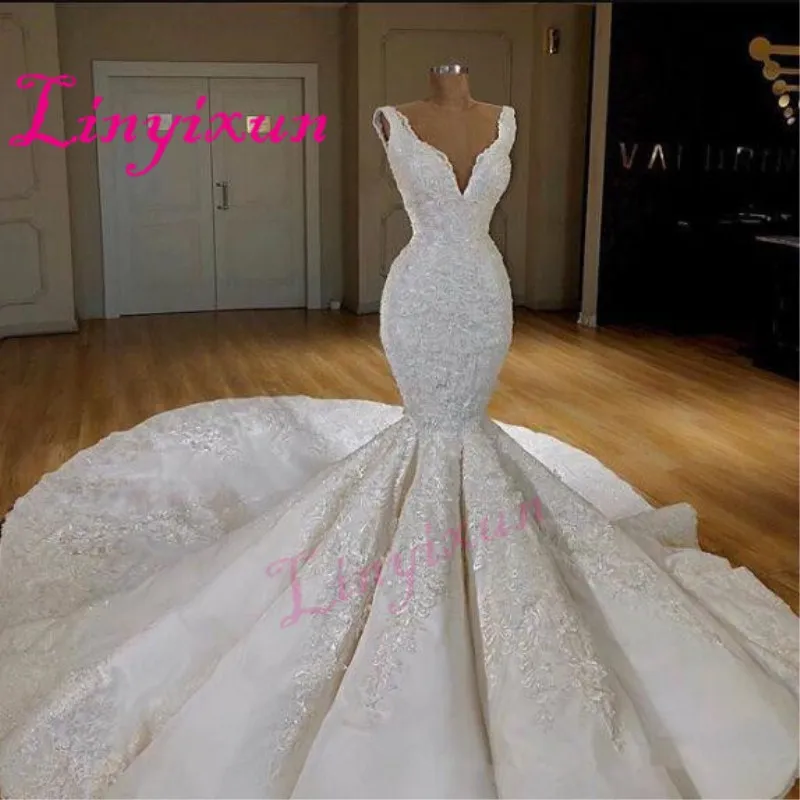 Dubai Sexy Corset Mermaid Wedding Dresses Deep V-Neck Sleeveless Lace Appliques Gowns 2021 Sweep Train Bridal Dress | Свадьбы и