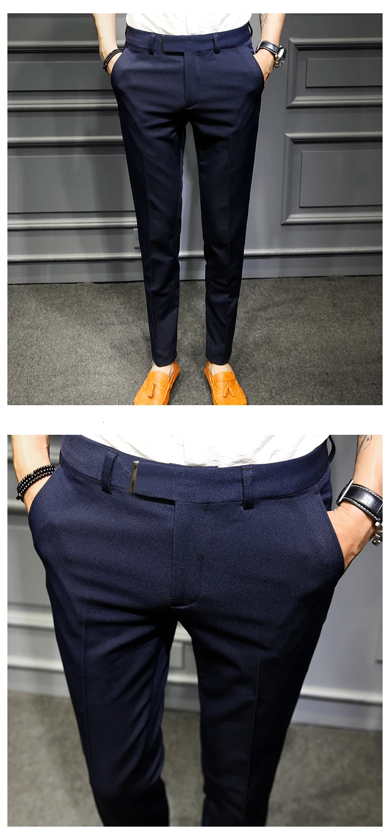 Корейский Slim Fit Для мужчин костюм штаны Панталоны; цвет черный, темно-синий; однотонные Бизнес Повседневное офисные брюки стрейч Костюмные брюки Для мужчин Большие размеры 36