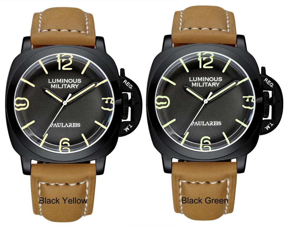 Men Watch Automatic Mechanical Genuine Brown Leather Strap Yellow Green Luminous 44mm Luxury Rose Gold Military Watches