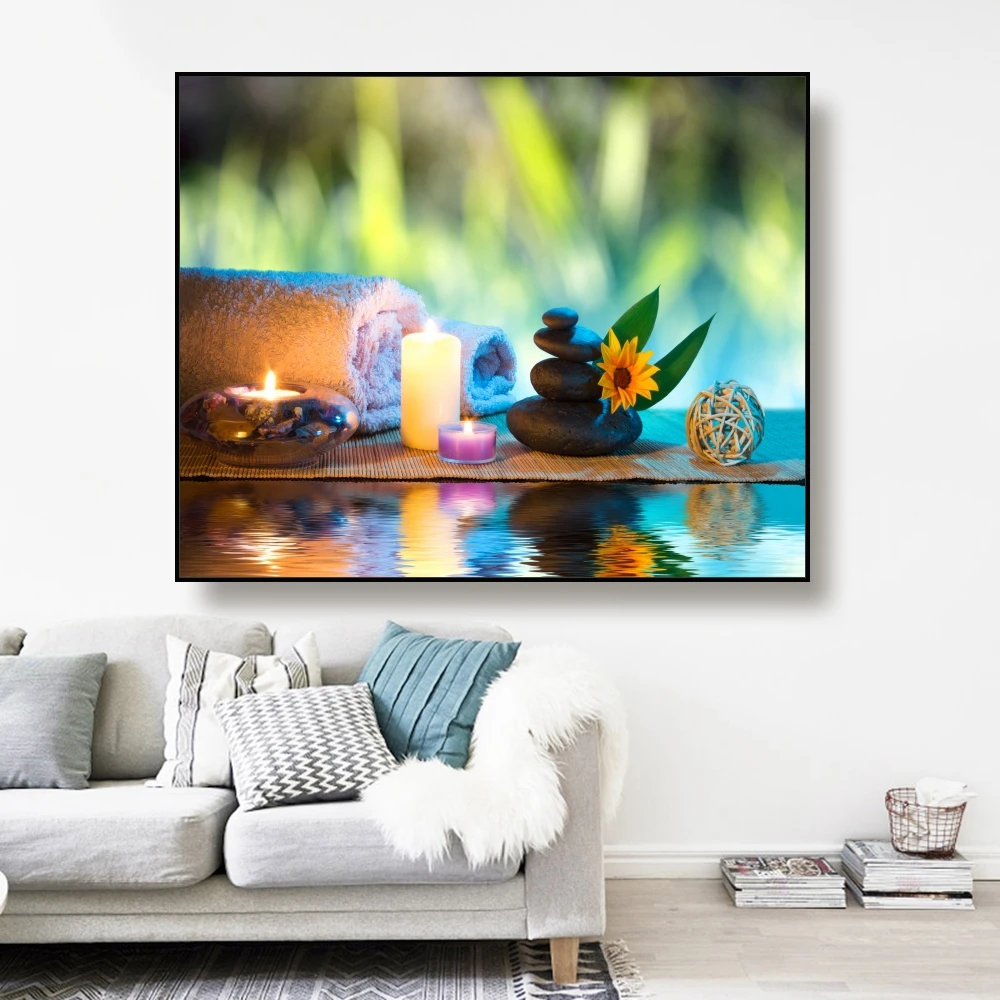 Canvas Painting Bath towels & Bath salt stacked stones candle Art Poster Picture Wall Decor Modern Home Decoration For Bathroom