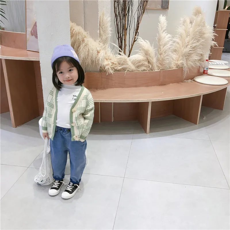 

2019 Autumn New Arrival Korean style cotton plaid long sleeve all-match sweater coat for fashion cute sweet baby girls
