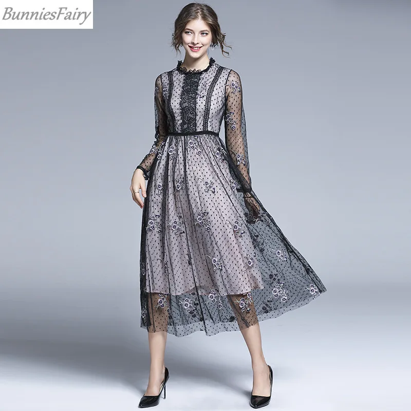 

BunniesFairy 2019 Fall Women Bohemian Fairy Black Polka Dot Flower Floral Embroidery Mesh Lace Patchwork Long Sleeve Midi Dress