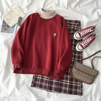 

Vintage Casual Skirt Set Women Two Pieces Set Red Print Sweatshirt + High Waist Plaid Maxi Skirt Matching Set