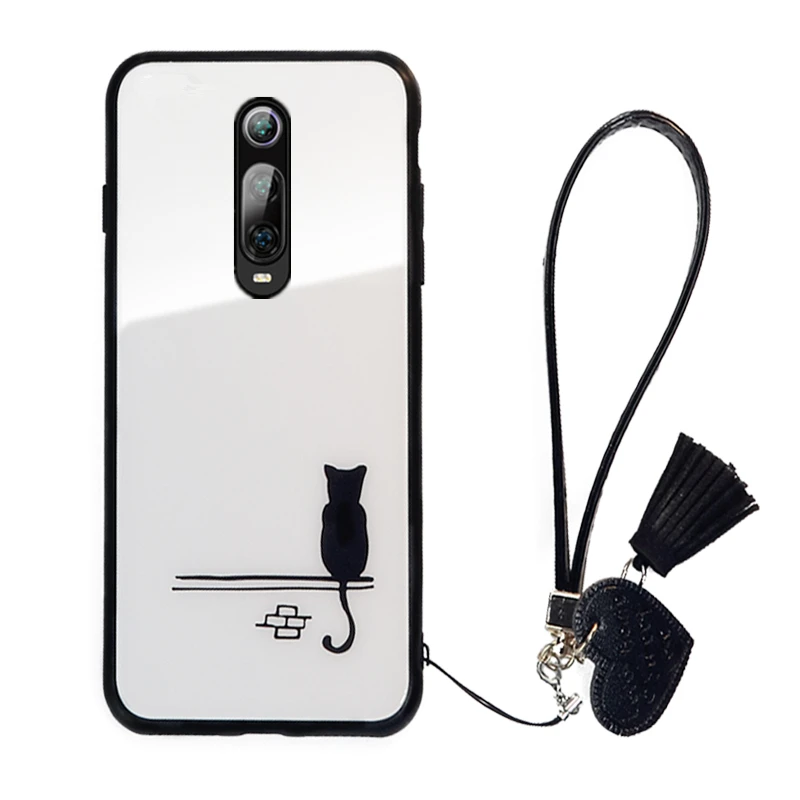 Чехол и ремешок для Oneplus 7 Pro 6, стеклянный жесткий чехол для телефона, задняя крышка для Oneplus 7 one plus 6, простой милый кошачий ремешок, funda