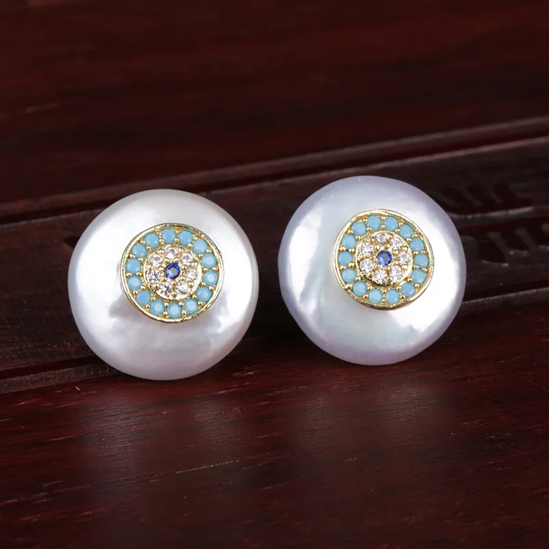 

micro pave mint white cz evil eye tiny natural coin freshwater pearl bead charm stud earring for women elegant daily jewelry