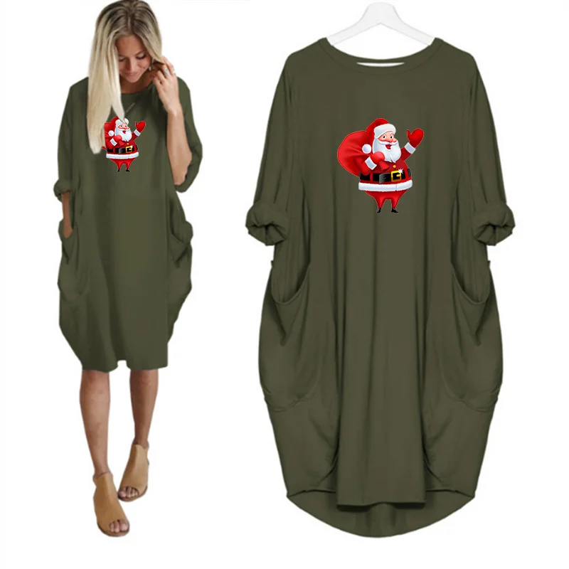 Navidad Women Dress Christmas Pocket Casual Loose Vintage Party Fall Clothes Santa Claus Kawaii Womens  Dresses