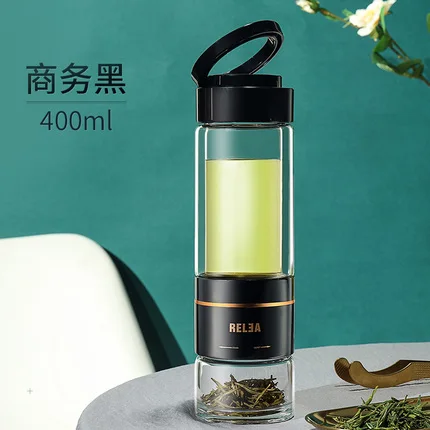 400ml black bottle 400 мл чай разделительная двухслойная стеклянная бутылка портативная термостойкая стеклянная чашка чайная чашка-фильтр чайный стакан Хрустальный Стакан - Цвет: 400ml black bottle