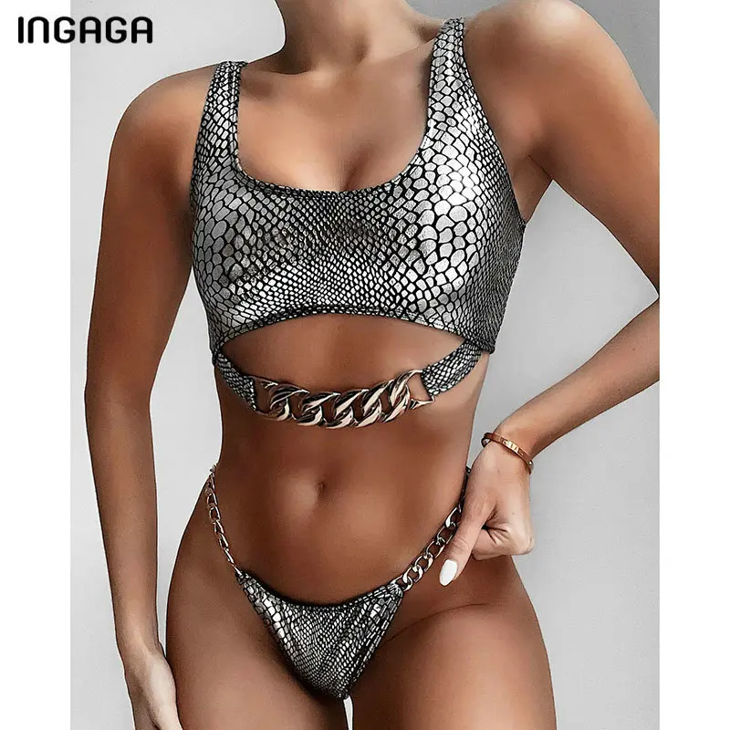 

INGAGA Snake Printing Bikinis Sexy Thong High Cut Biquini Metal Chain Swimwear Women 2020 New Summer Beach Women's Swimsuits