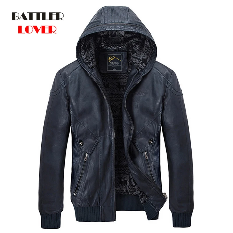 Men Leather Winter Warm Jacket Fleece Motorcycle Jackets Coats Hooded Velvet Punk Biker Overcoats High Quality Slim Fit Outwear