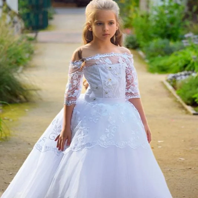 

White Flower Girl Dresses Ivory Lace Applique Sleeveless Tulle Princess First Holy Communion Pageant Party Dresses