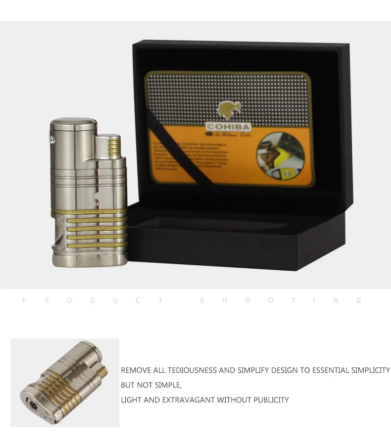 COHIBA метала роскошный элегантный стиль сигарная Зажигалка Ветрозащитная зажигалка многоразового газовая 4 струйные зажигалки Бутановая Зажигалка для сигарет аксессуары W/прикуриватель