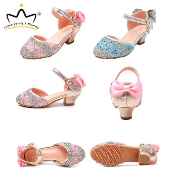 

Pink Blue Rhinestones Girls Shoes High Heels Summer Glitter Rhinestone Bows Princess Girls Party Dancing Shoes Girls Sandals