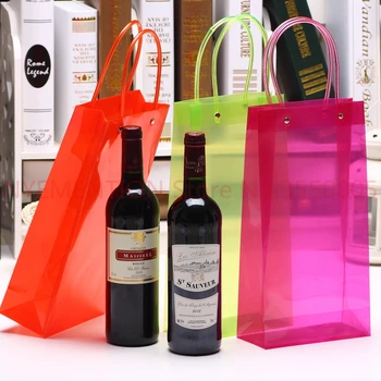 

handle colorful Clear PP bags Wine packing 33x10x9cm Red Green Cherry Juice Olive Oil Champange Bottle Carrier Gift 100pcs