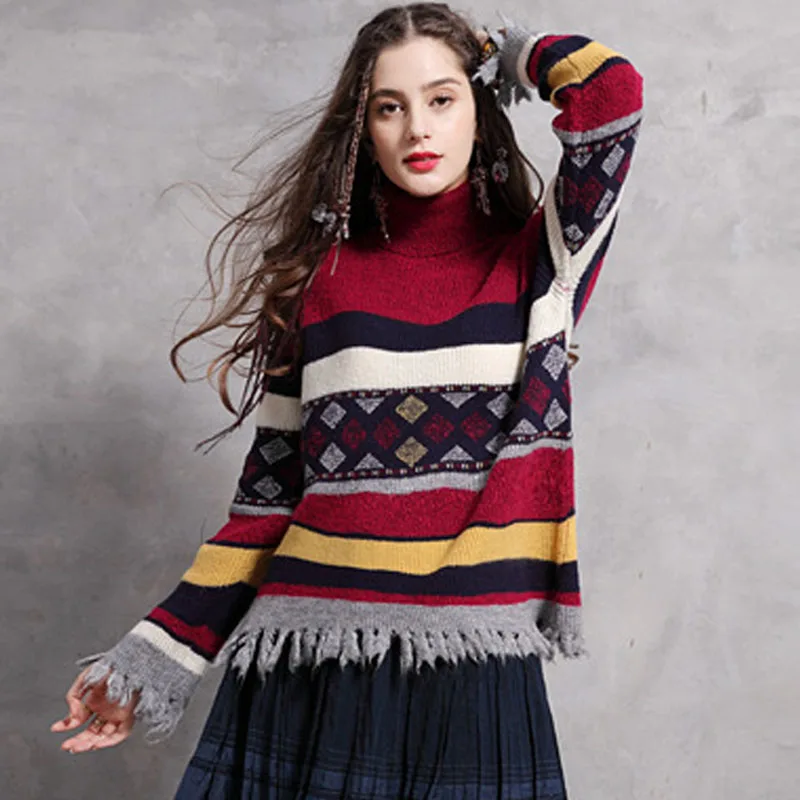Johnature 2020 Winter Retro All-match Long Sleeve Patchwork Turtleneck Sweater New Leisure Women Pullover Knitted Tassel | Женская