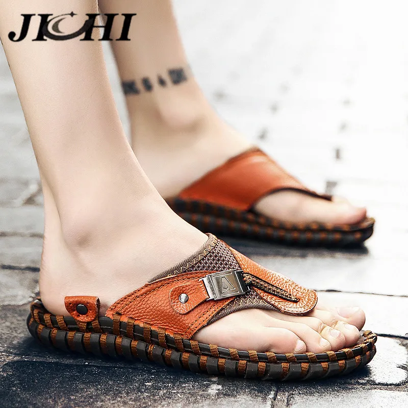 JICHI Brand Men Flip Flops Genuine Leather Summer Men Slippers Comfortable Beach Sandals Mens Casual Shoes Fashion Free Shipping