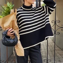 

Women Cashmere Turtleneck Sweater Fall Winter Casual Long Sleeve Striped Patchwork Jumpers Ladies Knitted Sweaters Tops Pullover