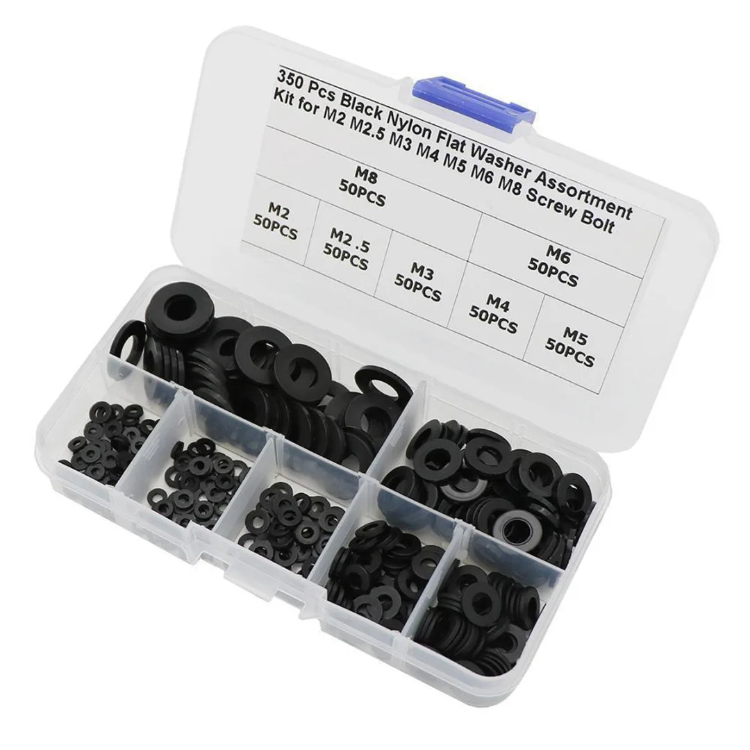 

350pcs Black Nylon Flat Washer Matching Kit For Metalworking Washers M2 M2.5 M3 M4 M5 M6 M8 Assortment Sizes Set