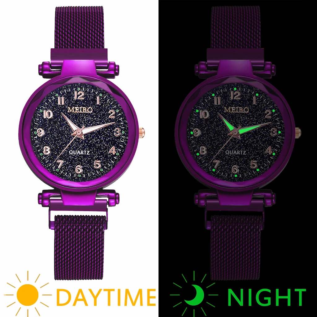 Женские часы с магнитной пряжкой звездное небо светящиеся арабские цифры роскошные женские кварцевые часы из нержавеющей стали MEIBO часы Прямая поставка - Цвет: purple