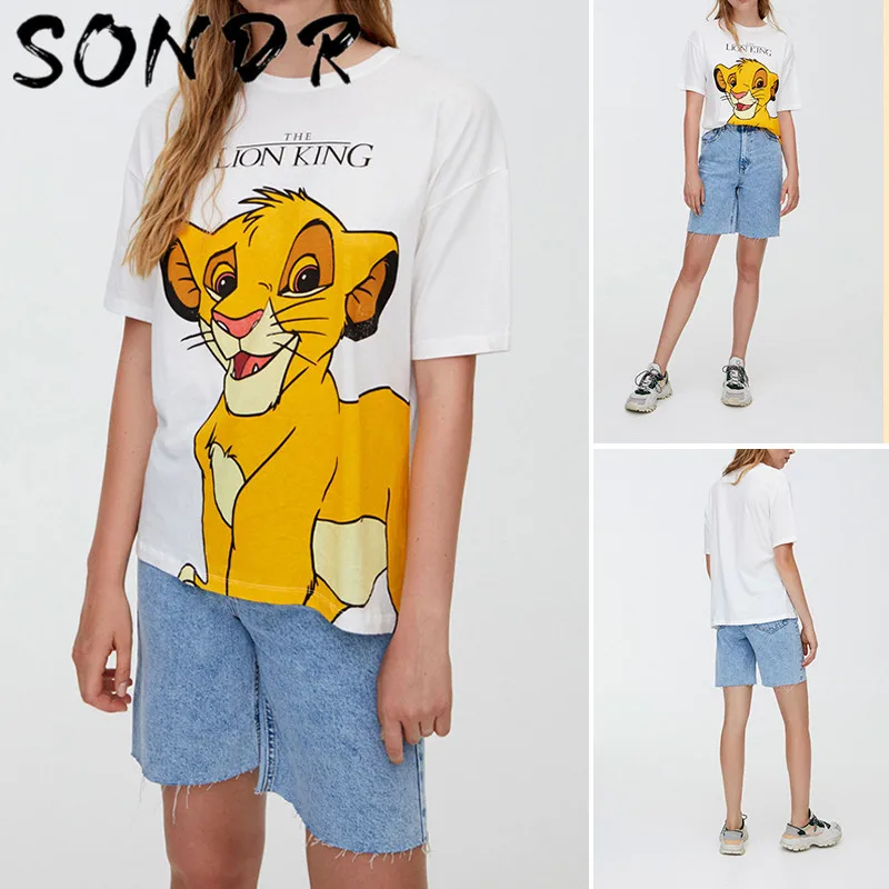 Summer Fashion T-shirt Women harajuku streetwear cartoon print Lion King O-neck loose angel tshirt Female Tops plus size