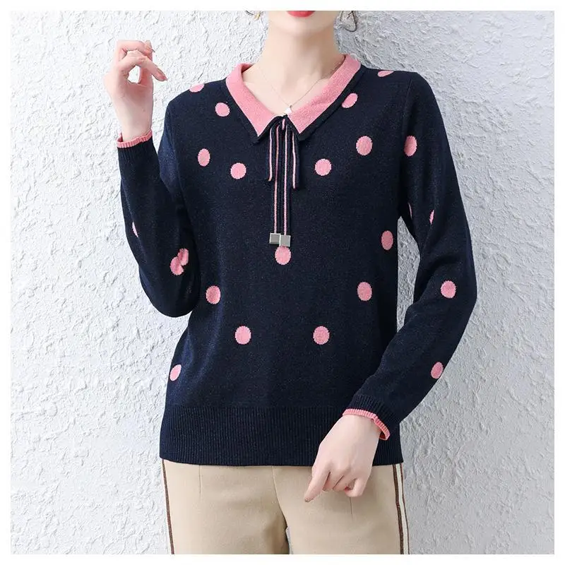 

Pink Lapel Neck Cute Dot Spring Pullover Knit Sweater Loose Coat Casual Cloth Girl T-shirt Tops Clothes for Women Lady Clothing