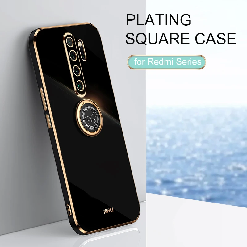 Plating Square Finger Ring Holder Phone Case On For Xiaomi Redmi Note 8 Pro 2021 New Note8 8pro Luxury Soft Silicone Stand Cover