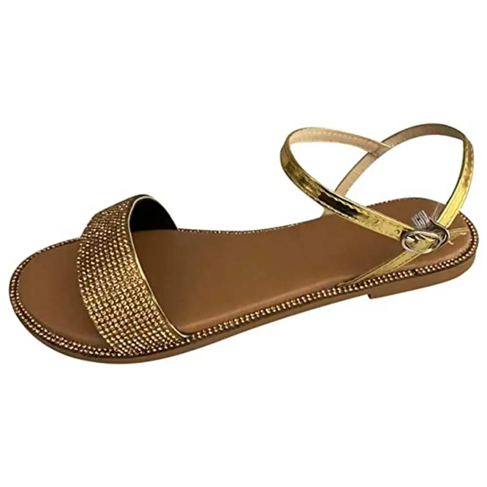 lady Rhinestone Sandals Summer Low-heeled slippers metal rear buckle Round toe shoes woman Casual party banquet Sandals