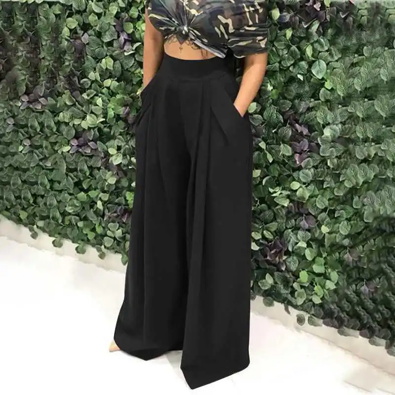 Celmia 5XL Women Fashion Office Wide Leg Pant Elastic Waist Long Pants Loose Casual Vintage Pleated Trousers Pantalon Femininas