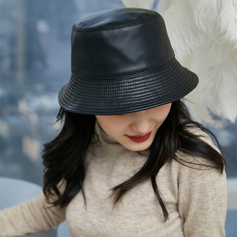 2021 New Bucket Hat High Quality Real Leather Bucket Hats Solid Top Men s Women s Fashion Bucket 