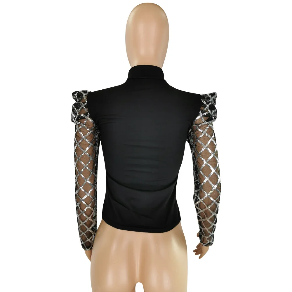 Модный топ в стиле пэчворк с блестками, прозрачные вечерние Клубные платья с длинным рукавом, однотонная черная Клубная одежда для женщин размера плюс 2xl