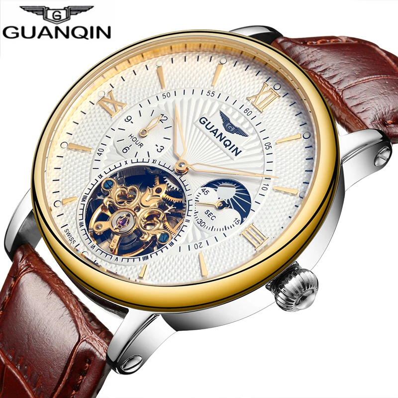 GUANQIN, мужские часы, Лидирующий бренд, роскошные Tourbillon, автоматические механические часы, мужские водонепроницаемые наручные часы с скелетом, Relogio Masculino