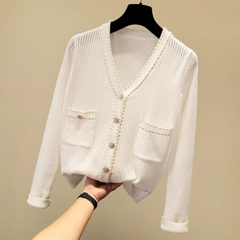 

V-neck Fashion Patchwork thin cardigan sweater women long sleeve loose knitted cardigans elegant korean 2019 autumn new arrival