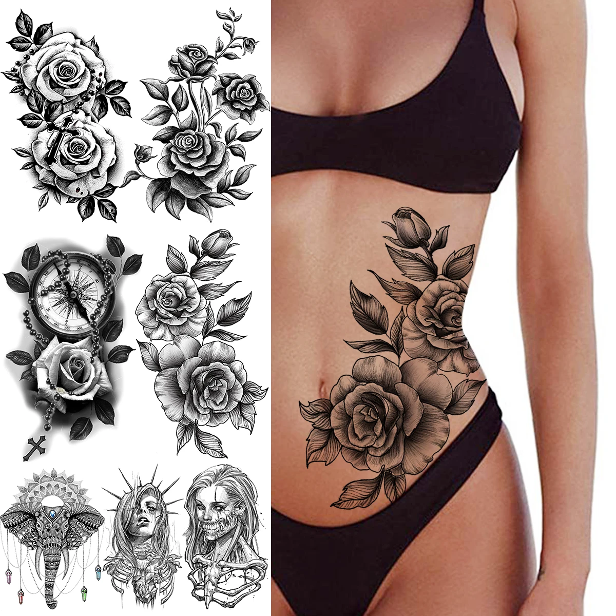 Tatouage Visage Femme Avec Fleur Tatouages temporaires pour femmes et filles, motif fleur de Rose noire,  autocollant de faux tatouage, visage d'éléphant, Sexy, taille, cuisse, bras  3D | AliExpress