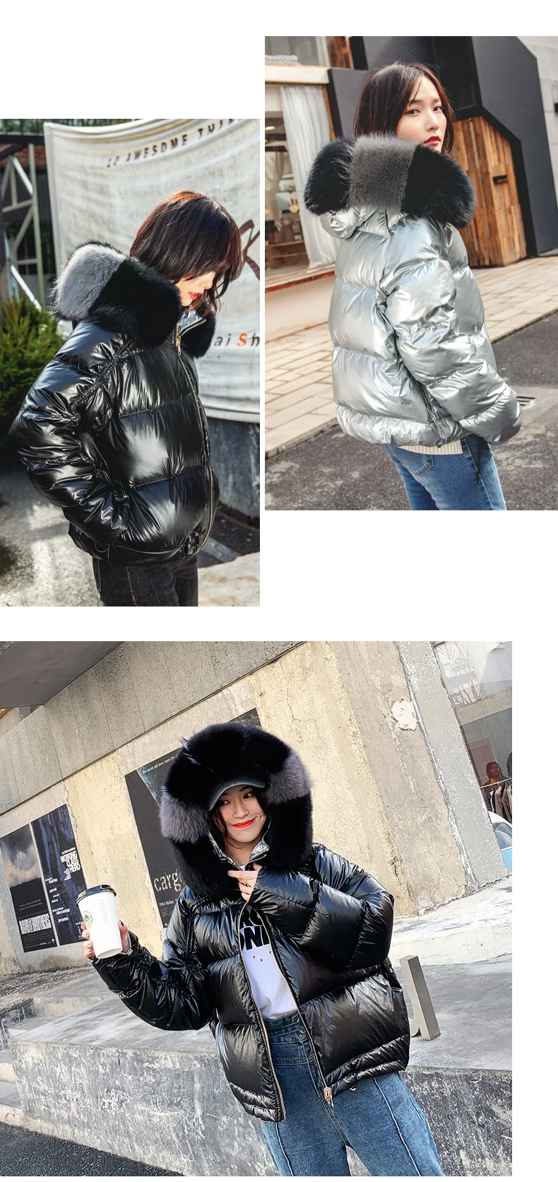 Зимняя Толстая Тонкая пуховая парка с меховым капюшоном, Двусторонняя одежда, зимняя куртка для женщин, теплая ветровка, куртка с меховым воротником