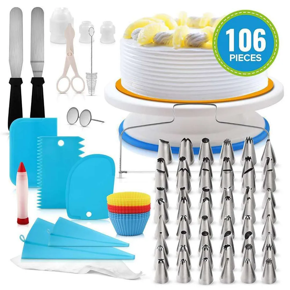  106pcs Cake Decorating Tools Pastry Bag Nozzles Pieces Baking Kit Turntable Scrapers Stand Pen Spat