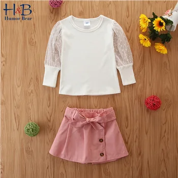 

Humor Bear Girls Summer Clothing Suit Europe and America Style Lace Long-Sleeved Top + Pink Culottes 2PCS Set Clothes Sets