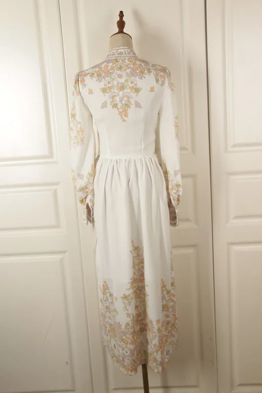 EDGLuLu, китайский стиль, cheongsam, женские платья, Новое поступление, стоячий ворот, длинный рукав, винтажное, элегантное, белое, с принтом, макси платье